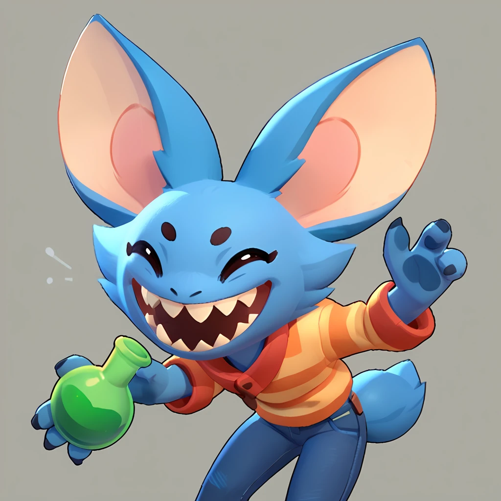 a round creature with blue fur, long ears, smiling, sharp teeth, wearing jeans, friendly round creature, holding a green potion in his hand