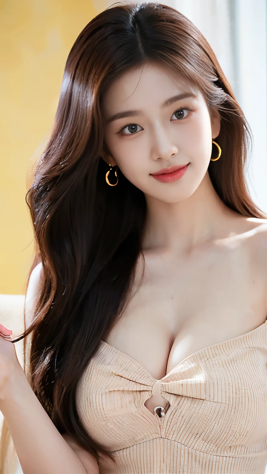 best quality,8k, Detailed facial depictions, Detailed eye description, seducing expression, mouth open, cute face, Brown hair(long wavyhair),beautiful korean girl, 21 years old, High fashioned dress, bare-breasted, slim body, medium chest size, posing for camera, Smiling face, Colorful earrings,