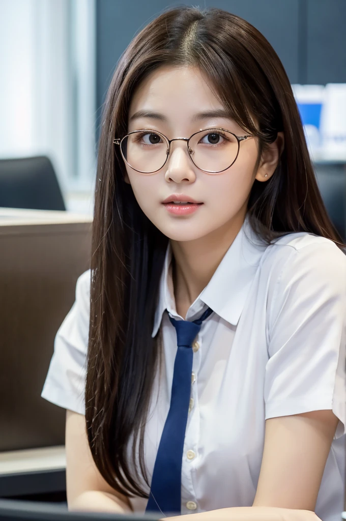 Han Julie is a young Korean woman in her 28s {{4K}}. Her hair is long in a dark color. Her face is oval and marked by her large brown eyes, which carry a cold, unexpressive face. Her skin is radiant and clear, presenting an impeccable state of health and her curved lips. Her height is medium, her body athletic and defined, with the most charming and provocative. It contrasts and matches their personalities. She is in her office at the company in the night, wearing a pair of glasses with white shirt with loose tie while undoing her sitting
