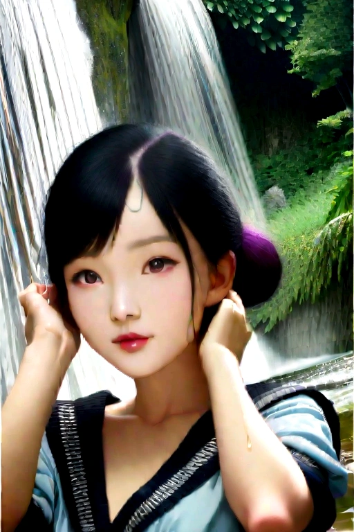 A young beauty woman, long black bun hair, soaking wet in waterfall, while both hands touching hair currently wear shampoo while rubbing it on his hair, natural, beautiful, fresh, himself, real hyper realistic, real human asia, UHD 16k, detailed photo, perfect face, detailed places, photo was taken from a distance in the waterfall