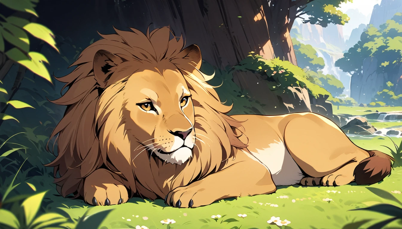 Cute lion, relaxing, top quality, masterpiece, natural scenery,solo,sleap
