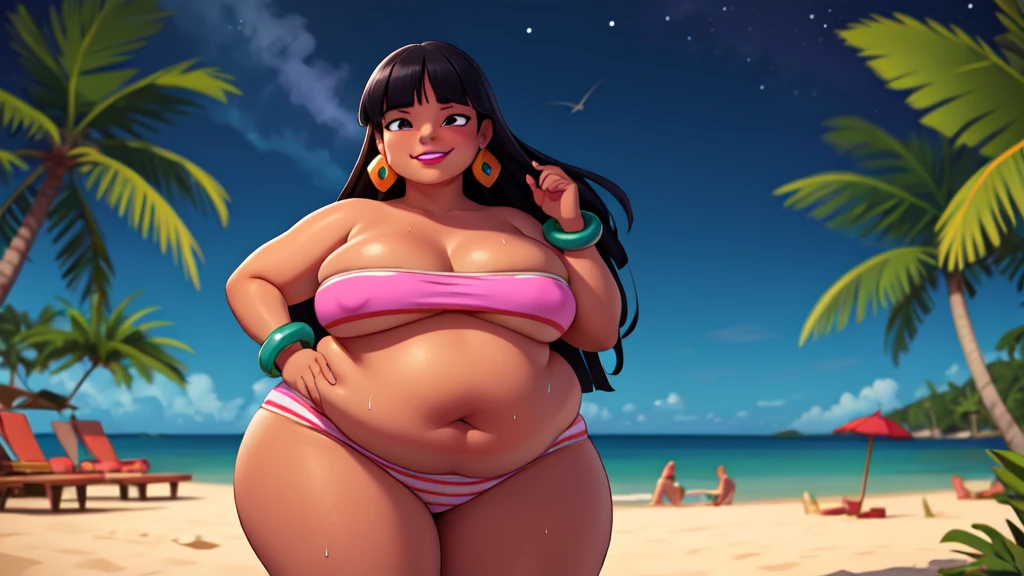(work of art:1.2, best qualityer:1.2, dark ambient:1.1), SSBBW, Giant breasts, thunder thighs, soft, 1 girl, standing alone, Chel, Bblack hair, long hair, hombus stripe, eyes browns, darkskin, lipstick, breasts big, Broad Hips, top of the tube, neckleace, bared shoulders, emerald earrings, emerald bracelets, looking at the camera with a smug expression on his face, beach background, very large body, fat belly rolls, big breasts, sexy smile, fat arms, thunder thighs, super fat, looking at viewer, wet clothes, sweating very hard, sexy looking, blob, night beach, céu estrelado, night, very dark ambient, pov, sexy ambient