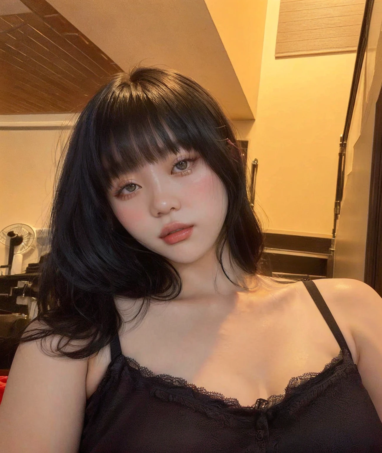 Araffed Asian woman in a black bra posing for a photo, she has black hair with bangs, with bangs, lalisa manobal, with bangs completo, beautiful south korean woman, Beautiful young Korean woman, korean girl, 18 years, 22 years, 27 years old, beautiful asian girl, Beautiful young Korean woman
