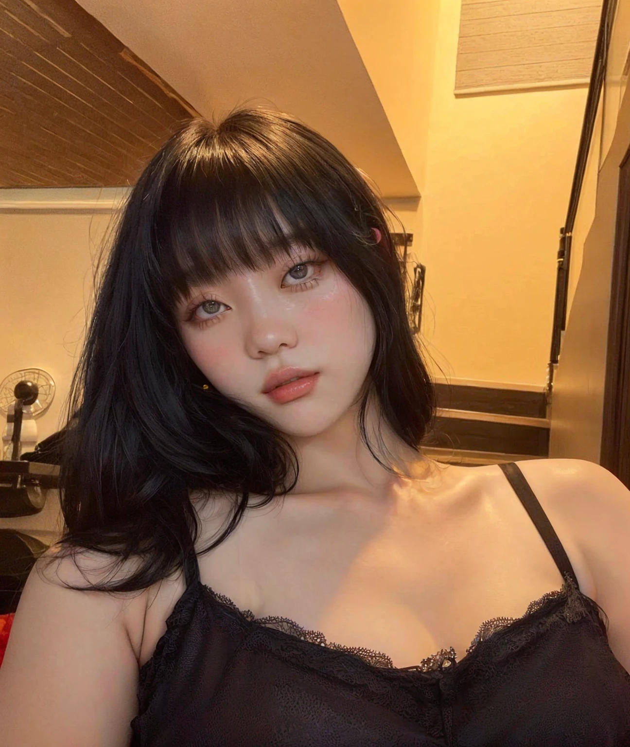 Araffed Asian woman in a black bra posing for a photo, she has black hair with bangs, with bangs, lalisa manobal, with bangs completo, beautiful south korean woman, Beautiful young Korean woman, korean girl, 18 years, 22 years, 27 years old, beautiful asian girl, Beautiful young Korean woman