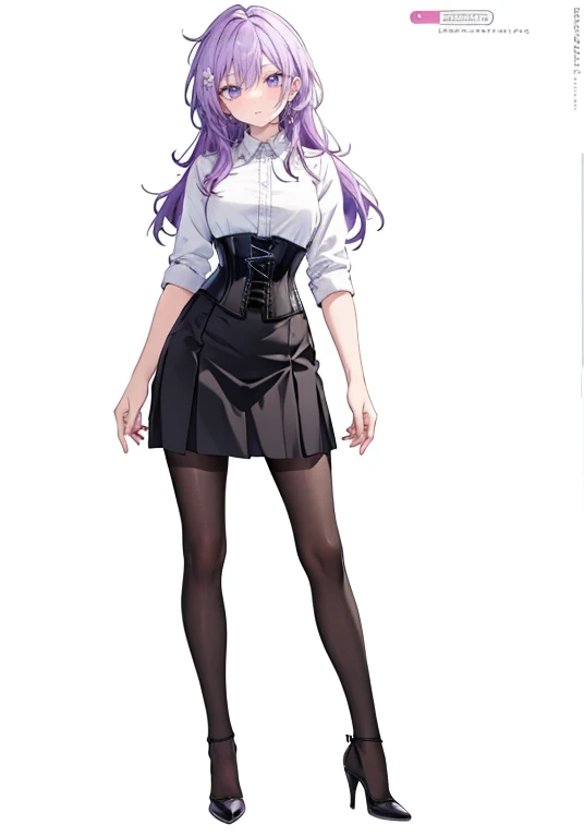 Purple Hair,Long Hair,Adult female,White Y-shirt,((Roll up her sleeves)),(corset),(Black tight skirt),(High heels),((A simple, blank white background)),smile,((full body)),((whole body)),