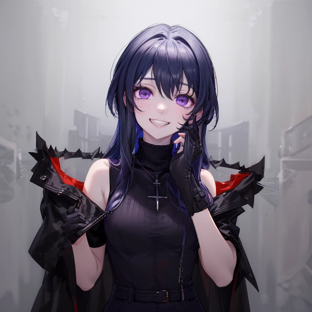 best quality, masterpiece, very aesthetic, half-length portrait, front view, facing_viewer, Front Facing,1 girl, black hair, long hair, monochromatic, pale face, crazy eyes, insane, sleeveless turtleneck, wearing coat with low hanging shoulders, purple eyes, looking_at_viewer, yandere face, gesugao, grin, black linings, stark white background, plain background, simple_background ,edgGesugao, yandere,