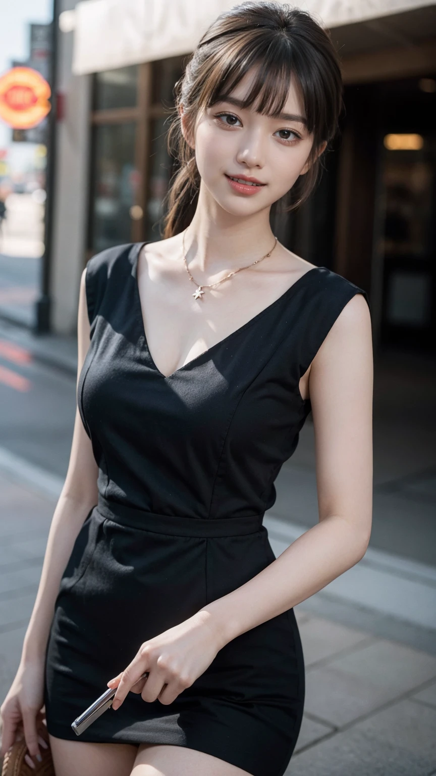 (best quality, masterpiece:1.3), (actual, photo actual:1.3), ultra high resolution, ultra high definition, Extremely detailed CG unified 8k wallpaper, (actual skin, Delicate skin), (perfect anatomy), (official art, Beautiful and beautiful), (generous smile:1.3), (seductive face:1.3), (korean woman:1.3), alone, depth of field, street,(big breasts:1.1),(cowboy shot:1.5),(deep-v blue dress:1.3), (necklace), (naturally look at camera:1.3), (blunt bangs:1.5), (stockings), (ponytail hairstyle:1.3)