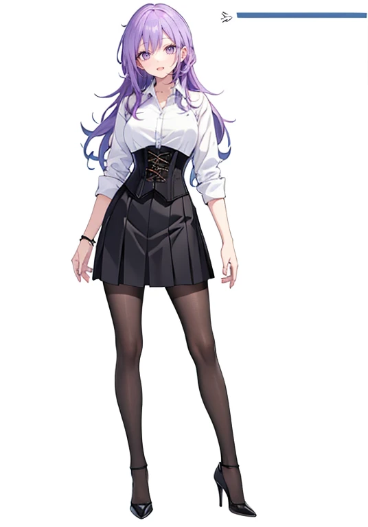 Purple Hair,Long Hair,Adult female,White Y-shirt,((Roll up her sleeves)),(corset),(Black tight skirt),(High heels),((A simple, blank white background)),smile,((full body)),((whole body)),