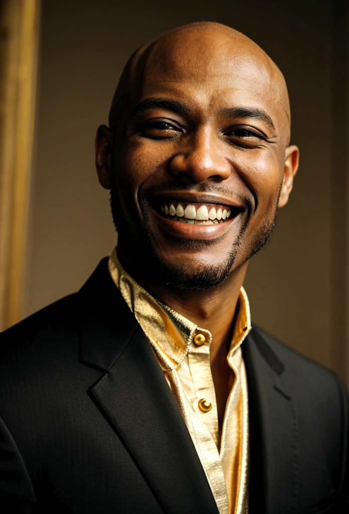 bald black man hip hop executive in suit and tie ((smiling with a gold tooth:1.3)) in large conference room.