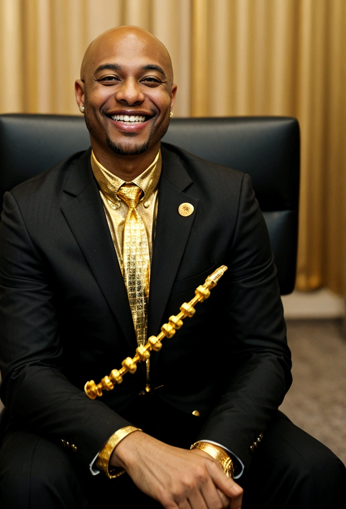 bald black man hip hop executive in suit and tie ((smiling with a gold tooth:1.3)) in large conference room.