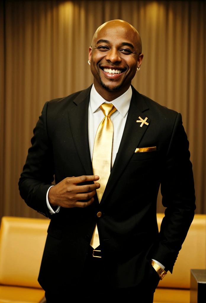 bald black man hip hop executive in suit and tie ((smiling with a gold tooth:1.3)) in large conference room.