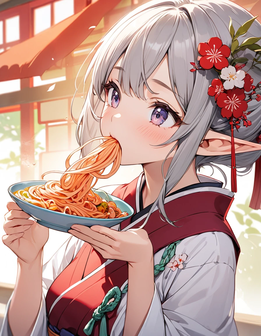 BREAK Perfect Anatomy、(High resolution:1.2)、Incredible illustrations、(Cute illustrations:1.2)、(Beautiful background) elf (blowing Japanese noodles out of her mouth)