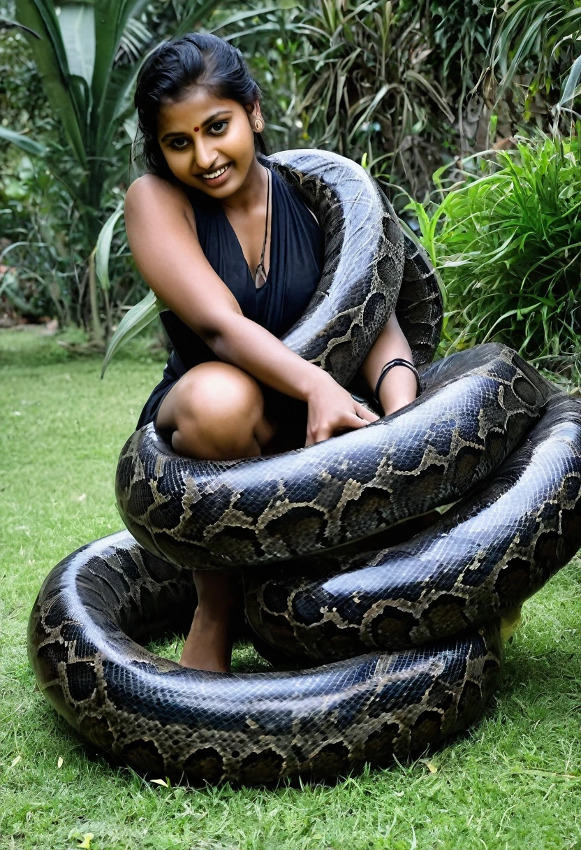 Happy Horny, aroused 1girl), beautiful kneeling Indian young teen girl with giant colossal black titanboa squeezing her hard, wrapped in thick spiraling coils, constricted, struggle, gasping for air, snake attack, snake peril, moonless night, dim light