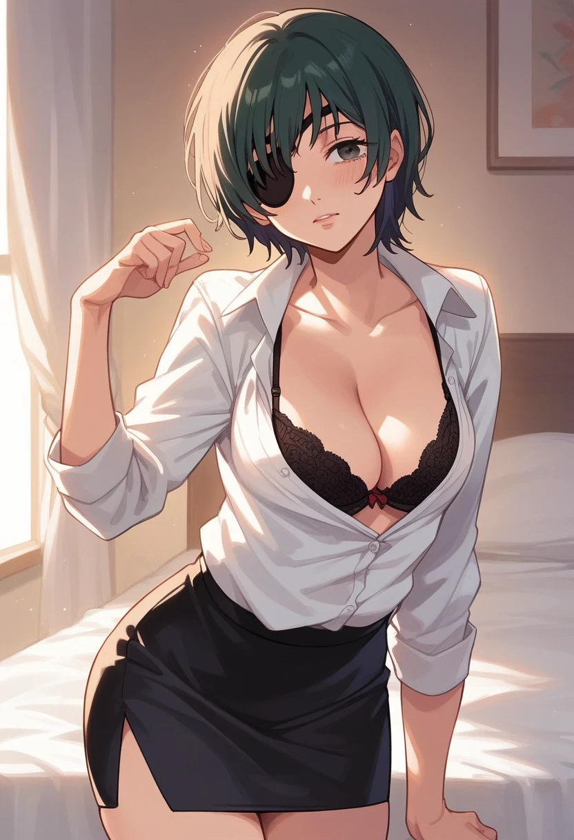(mature woman), blush, very horny, skin fair, shirt with open button, (neckline that shows the bra), Himeno de Chainsaw Man, (Long pencil skirt), wearing an eye patch, beautiful face, 가슴, sensuous, highest quallity,standing pose, (fund: In front of a motel bed)