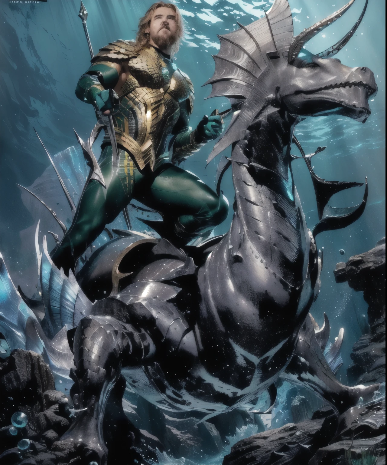 aquaman and the mera, aquaman, jason fabok. greg staples, aquaman aesthetic, marc silvestri, jason fabok, sitting in his throne underwater, as an atlantean, king of the sea, merfolk riding seahorses, david finch, poseidon, atlantean, phil jimenez, as illustrated in top cow comics, textless, cover shot