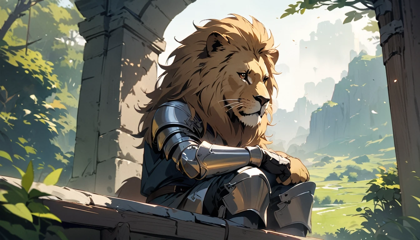 Cute lion, relaxing, top quality, masterpiece, natural scenery,solo,sleap,knight