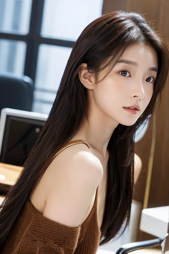 Han Julie is a young Korean woman in her 28s. Her hair is long in a dark color. Her face is oval and marked by her large brown eyes, which carry a cold, unexpressive face. Her skin is radiant and clear, presenting an impeccable state of health and her curved lips. Her height is medium, her body athletic and defined, with the most charming and provocative. It contrasts and matches their personalities. She is in her office at the company in the night