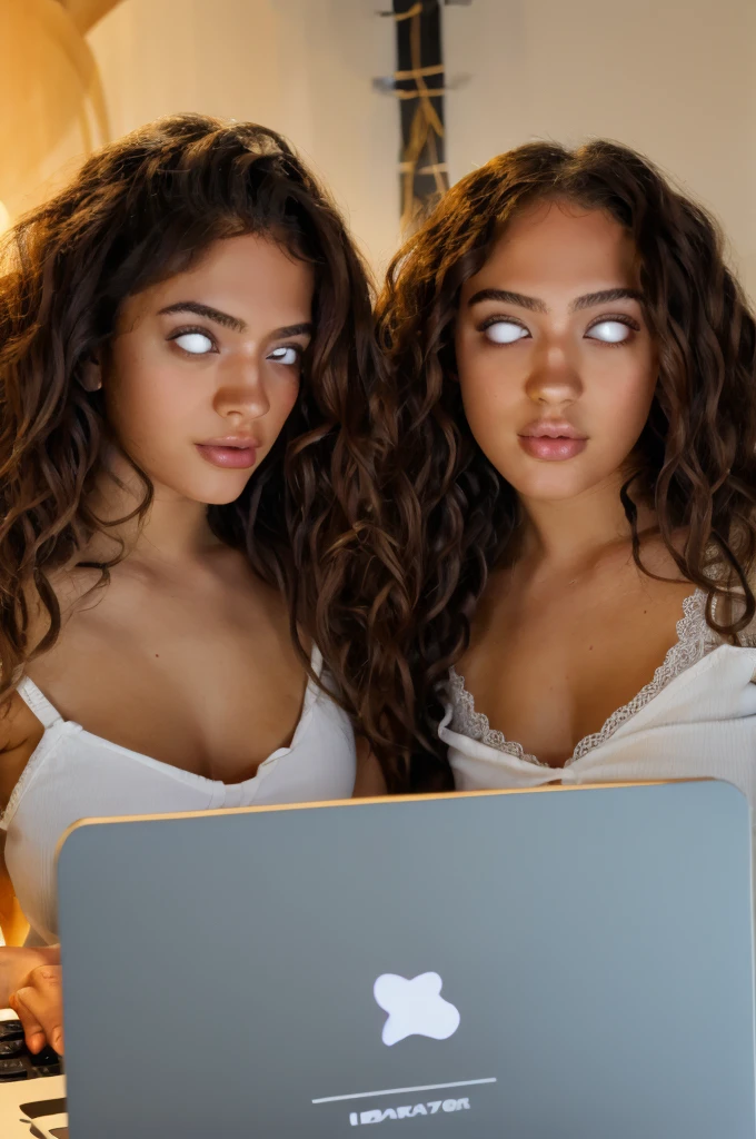 2 greek girls with curly Rapunzel Hair, Hourglass figure, fixated by a laptop screen they are unable to look away from it, blank White eyes, mind control machine on their heads