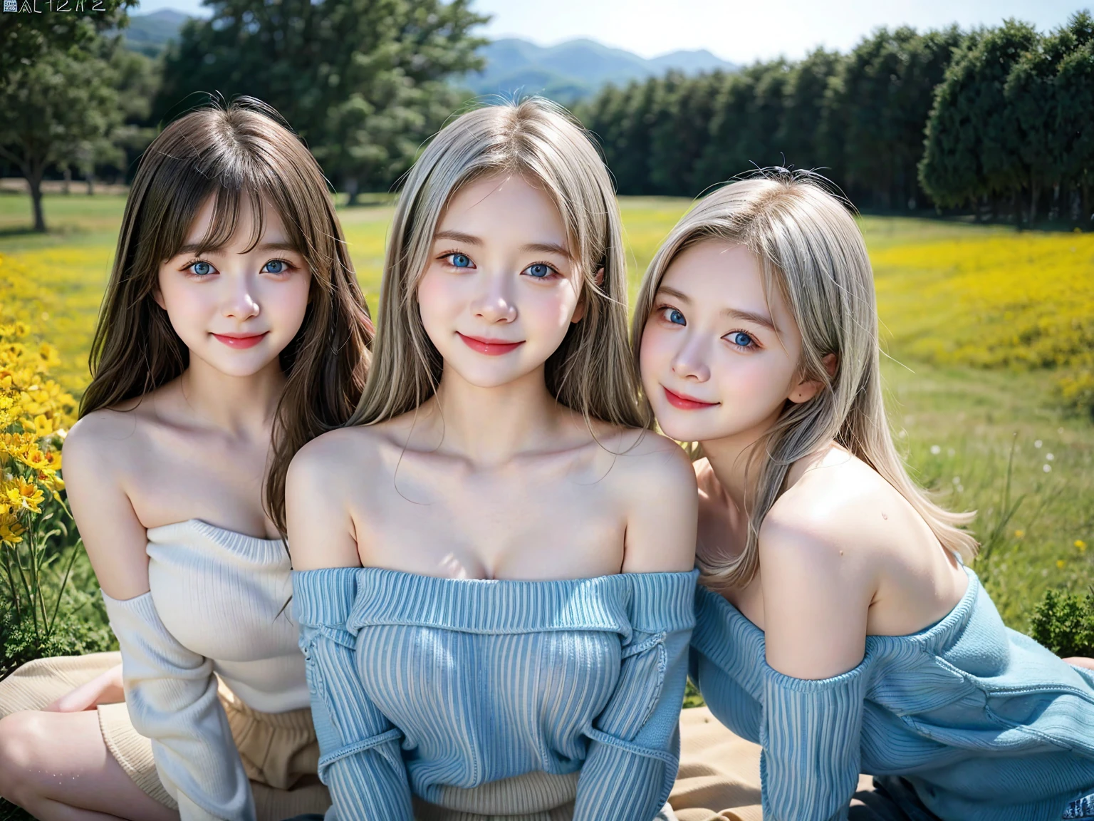 (3 girls), Young faceอินโดนีเซีย, ,smile,Silver hair, white skin, Round breast, blue eyes,(( Strapless sweater))Masterpiece, Highest quality, 8K, beautiful girl, Young face、 photography, Cute face, thigh,In the meadow, Embarrassing、รอยsmile、((((((อายุ 12 yearsmall waist、 ((Busty breasts))