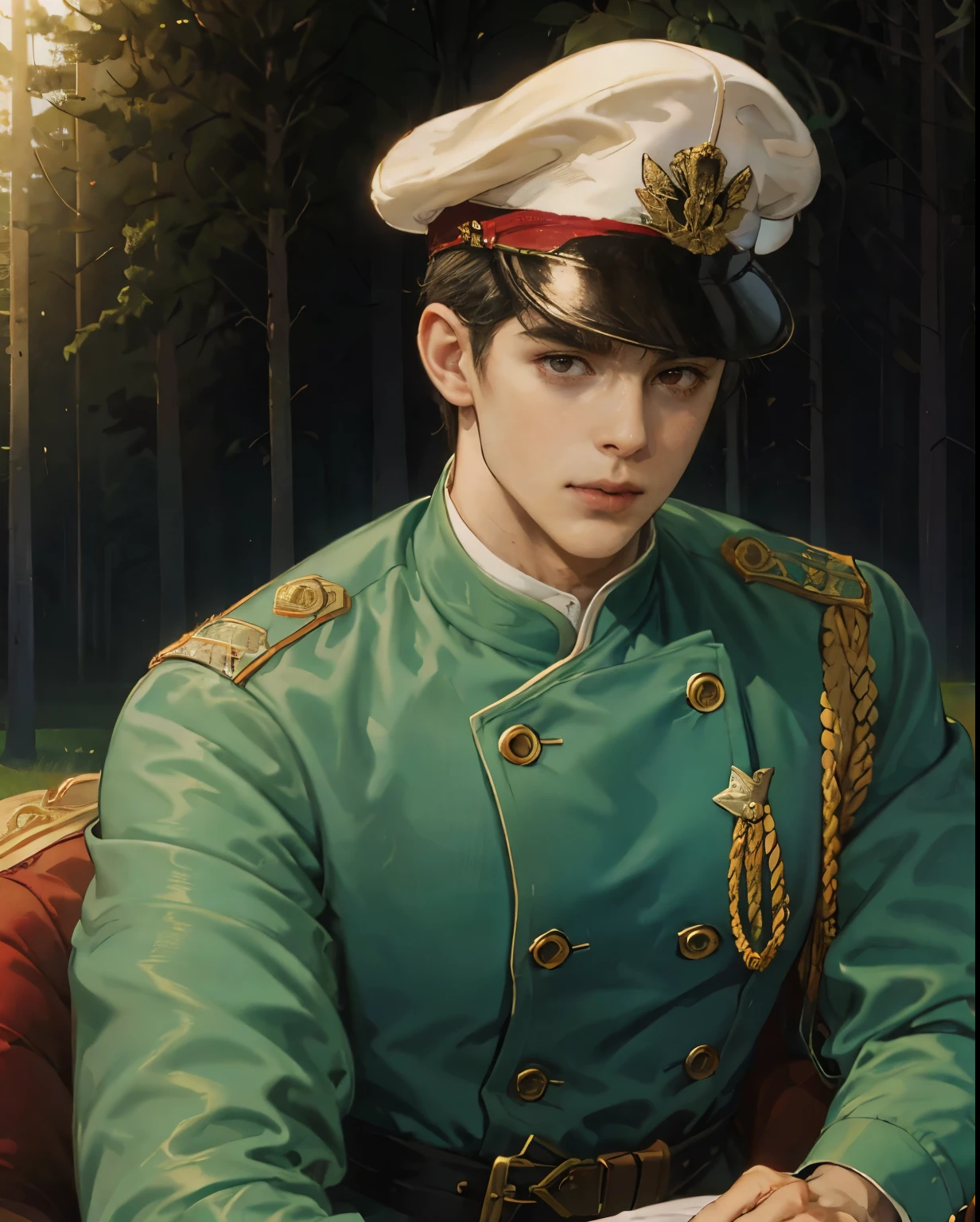 Serious brown man, wearing British/Mexican militia outfit, young thin red eyes, no beard or mustache, military cap
placing one hand on his chest in military style and the other straight looking at the camera, he has black and wavy hair, his presidential flag is dark bluish green