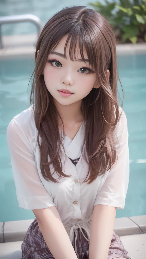 Close-up of a woman sitting on a ledge near the pool, Girl cute beautiful face, Ulzzang, Young and adorable Korean face, Very beautiful girl, Chiho, Beautiful Japanese girl face, Beautiful girl, Young and pretty Asian face, Shirahime cut hairstyle, With a cute - lovely - face, Korean Girls, Young and pretty girl
