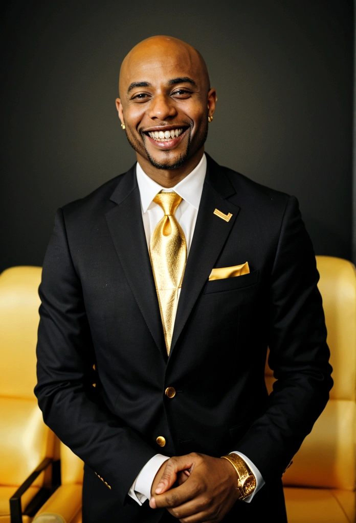 bald black man hip hop executive in suit and tie ((smiling with a gold tooth:1.3)) in large conference room.