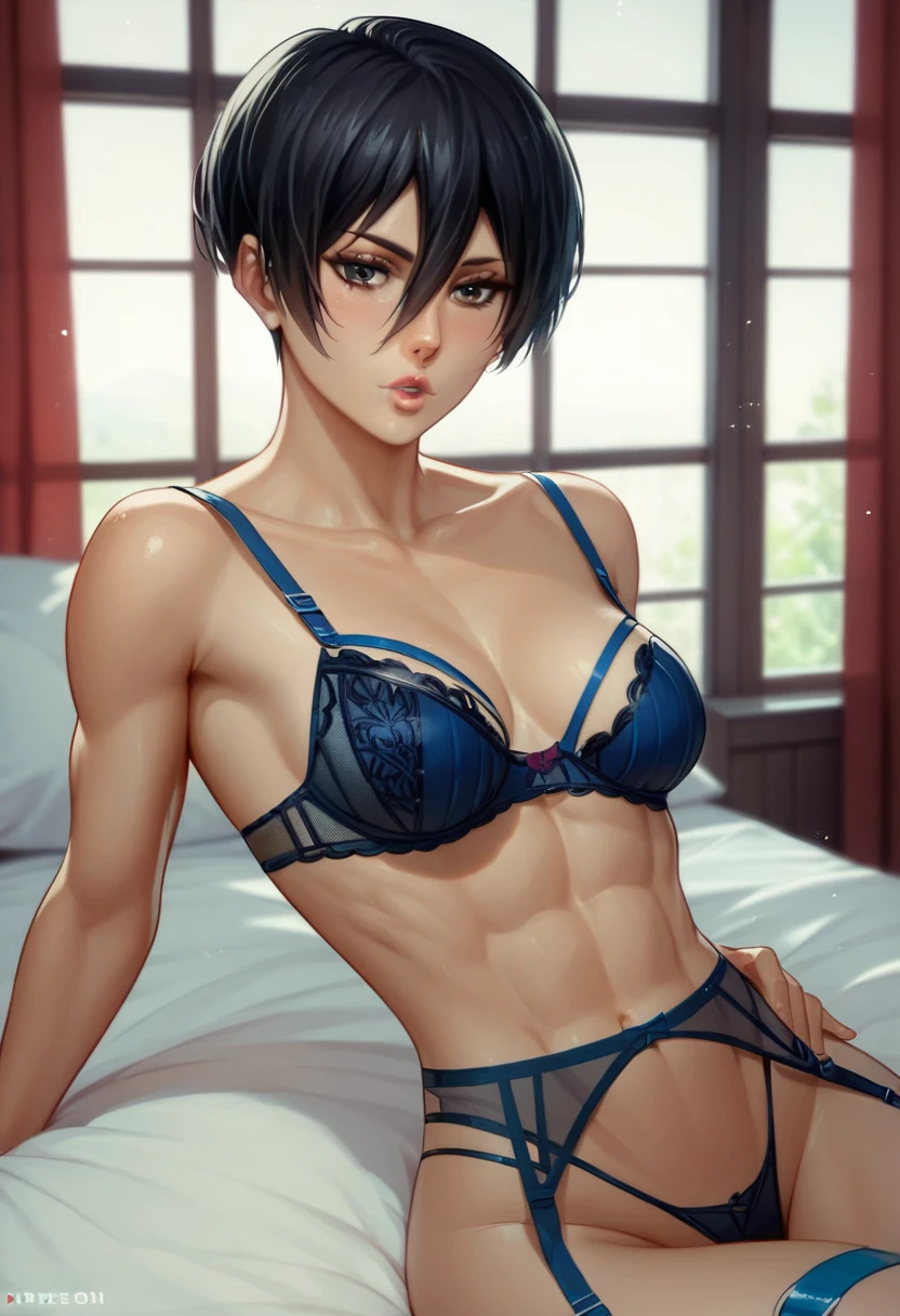 score_9_up, score_8_up, score_7_up, 1girl, solo, mature female, ((Mikasa Ackerman)), ((black very short hair)), ((black pixie cut)), black eyes, pink lips, fit slim body,(((perfect erected medium breast))) (((blue seductive Victoria’s Secret shine straps lingerie, bra with shine straps, thong with shine straps))), (((highly detailed bedroom, window, bed))), perfect fit model body, wide hips, (((lying and doing deep blowjob)))(((sucking penis)))(((penis in her mouth)))