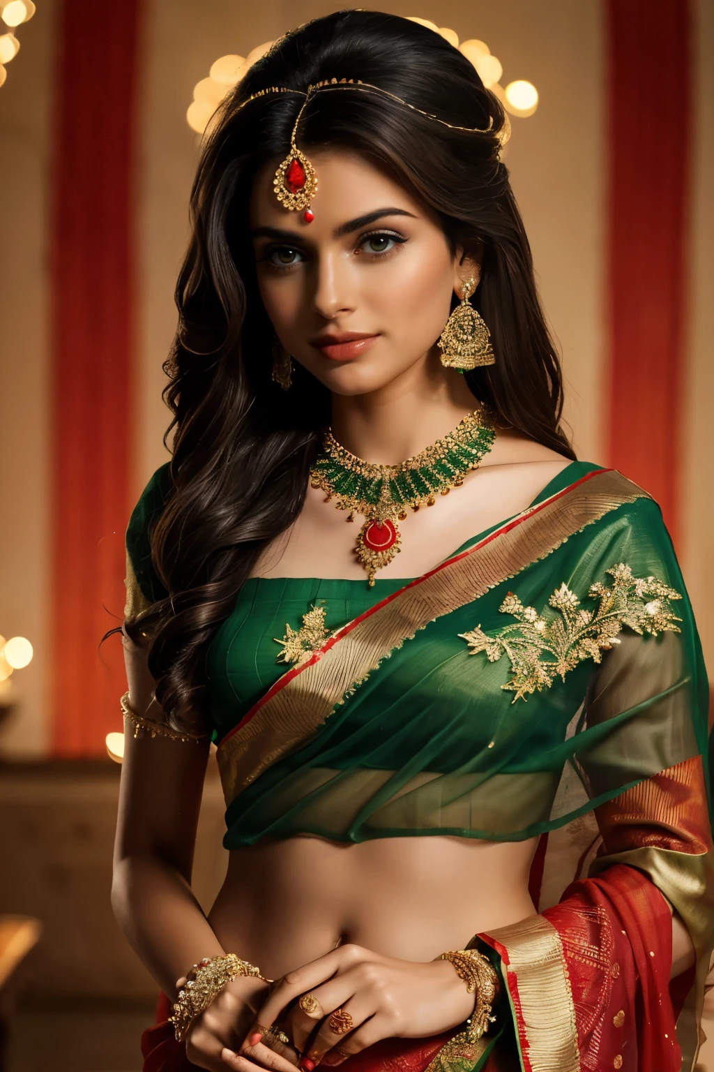 4K, UHD, masterpeice, indian girl, romantic face, detailed eyes, detailed lips, very long hair, straight hair, very long hair, beautiful hair, hair ornaments, hairband, gradient hair, ((red green saree )), ((bridal saree), ((decorated blouse)), sardine, (( saree )), ((lace)), ornaments, necklace, earring, high lighting, ((bare stomach)), wedding stage, fujicolor, depth of field, ray tracing, ultra realistic detail,
