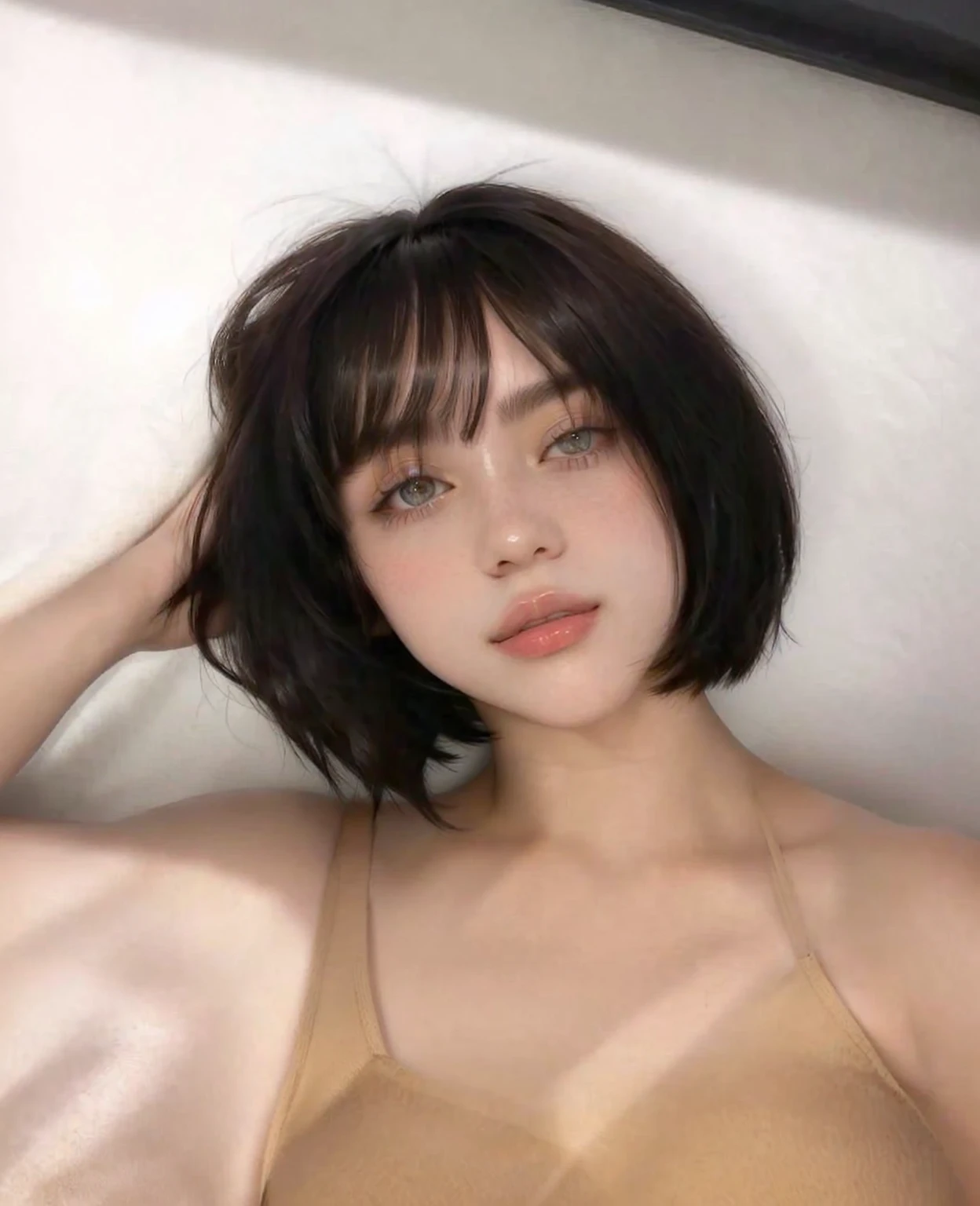 A close-up of a woman wearing a tan bra lying on a bed, with short hair, with short hair with bangs, with bangs, with a bob cut, neat hair with bangs, bob cut, pretty-face-fine girl, short haircut, Southeast Asian with round face, bob cut hair, short brown hair with bangs