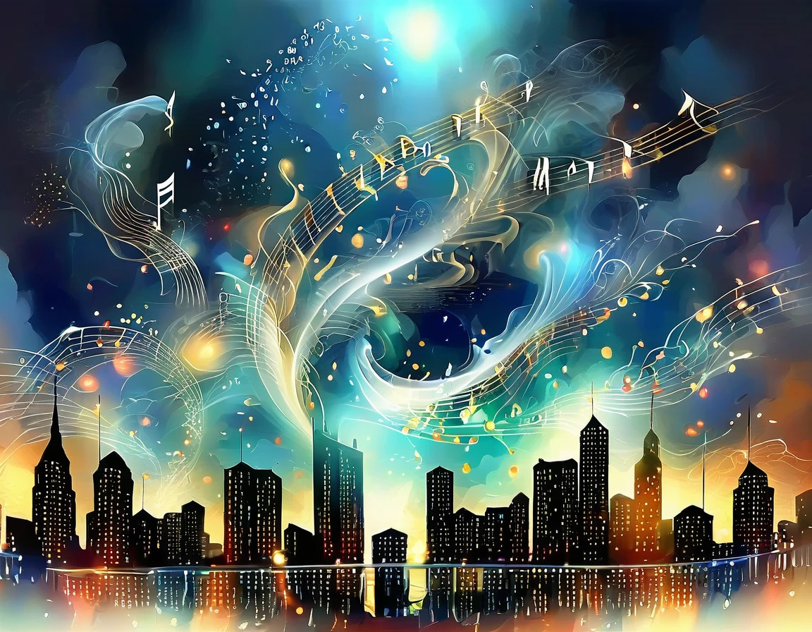 Giant 3D musical notes soaring through a city, creating a melodic skyline as they interact with buildings and structures.