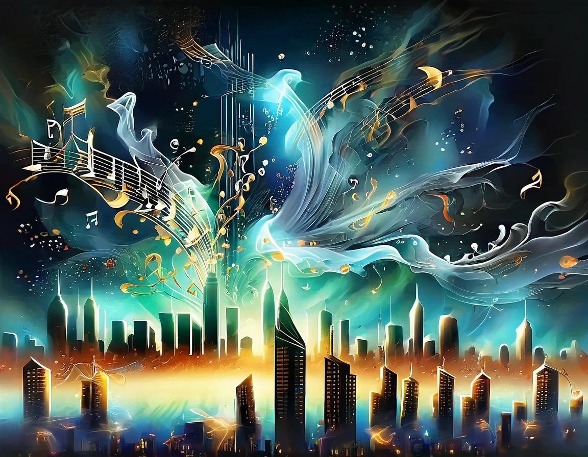 Giant 3D musical notes soaring through a city, creating a melodic skyline as they interact with buildings and structures.