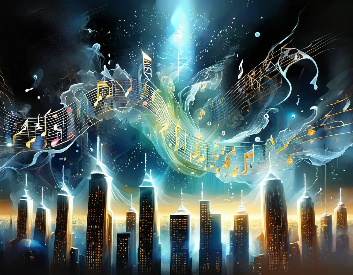 Giant 3D musical notes soaring through a city, creating a melodic skyline as they interact with buildings and structures.