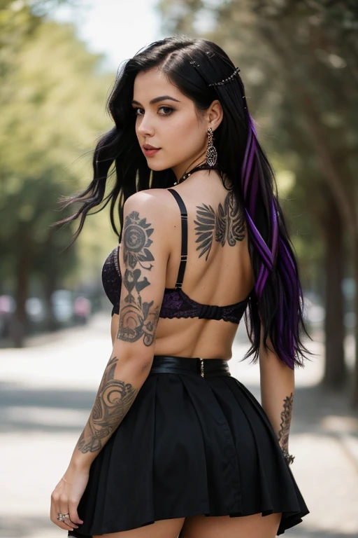 ((Best Quality)), ((Masterpiece)), (detailed), 1 girl, gothic , shoulder length hair, black hair with a purple streak, a black miniskirt, a black gothic style bra , cadenas en el cuello gothics , a tattoo on the neck , big thighs , her thighs shine in the sunlight, full body camera focus from behind