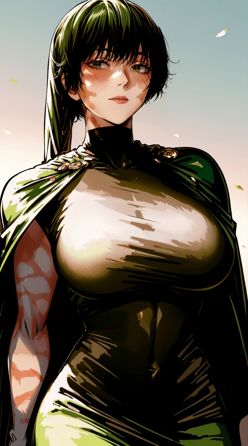 best quality, masterpiece, 1girl, (solo:1.1), raytracing, ultra detailed,detailed face, 8k wallpaper, wide hips, ZeninMakiNDV, 1girl, green hair, yellow eyes, large breasts,black cape, skirt.
