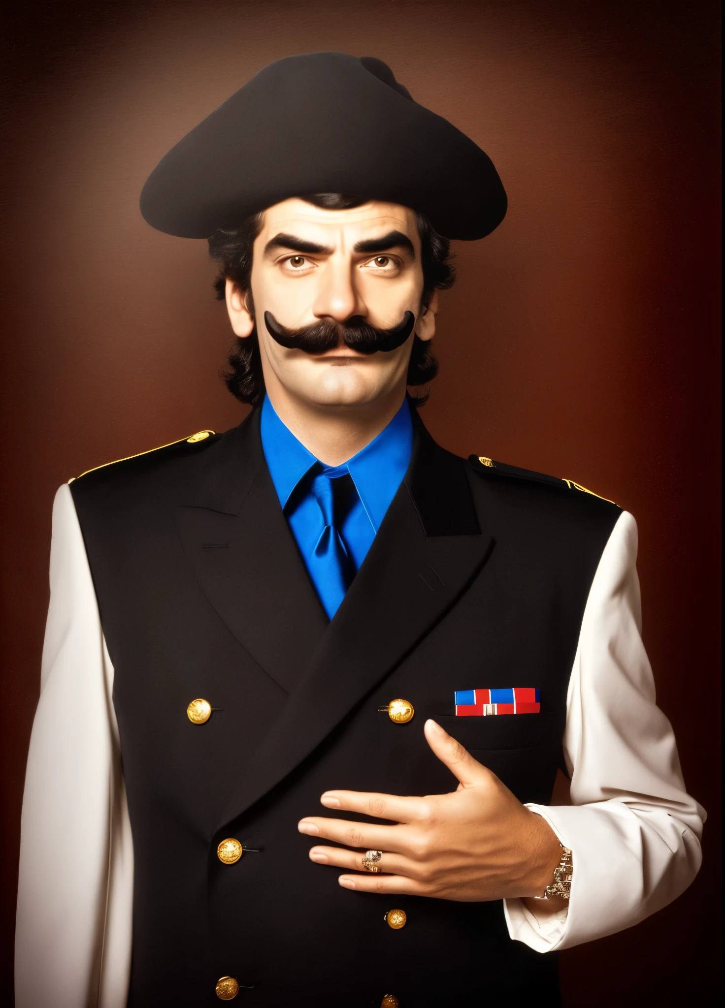 há um homem de terno e chapéu with a mustache, drdisrespect posing as napoleon, drdisrespect like napoleon, Dom Ramon, waluigi as a real person, with a mustache, big mustache, Raj Koothrappali como Saul Goodman, in pilot, Mr bean como Capitão América, pilot outfit, Portrait of Mr. bean, mexican mustache