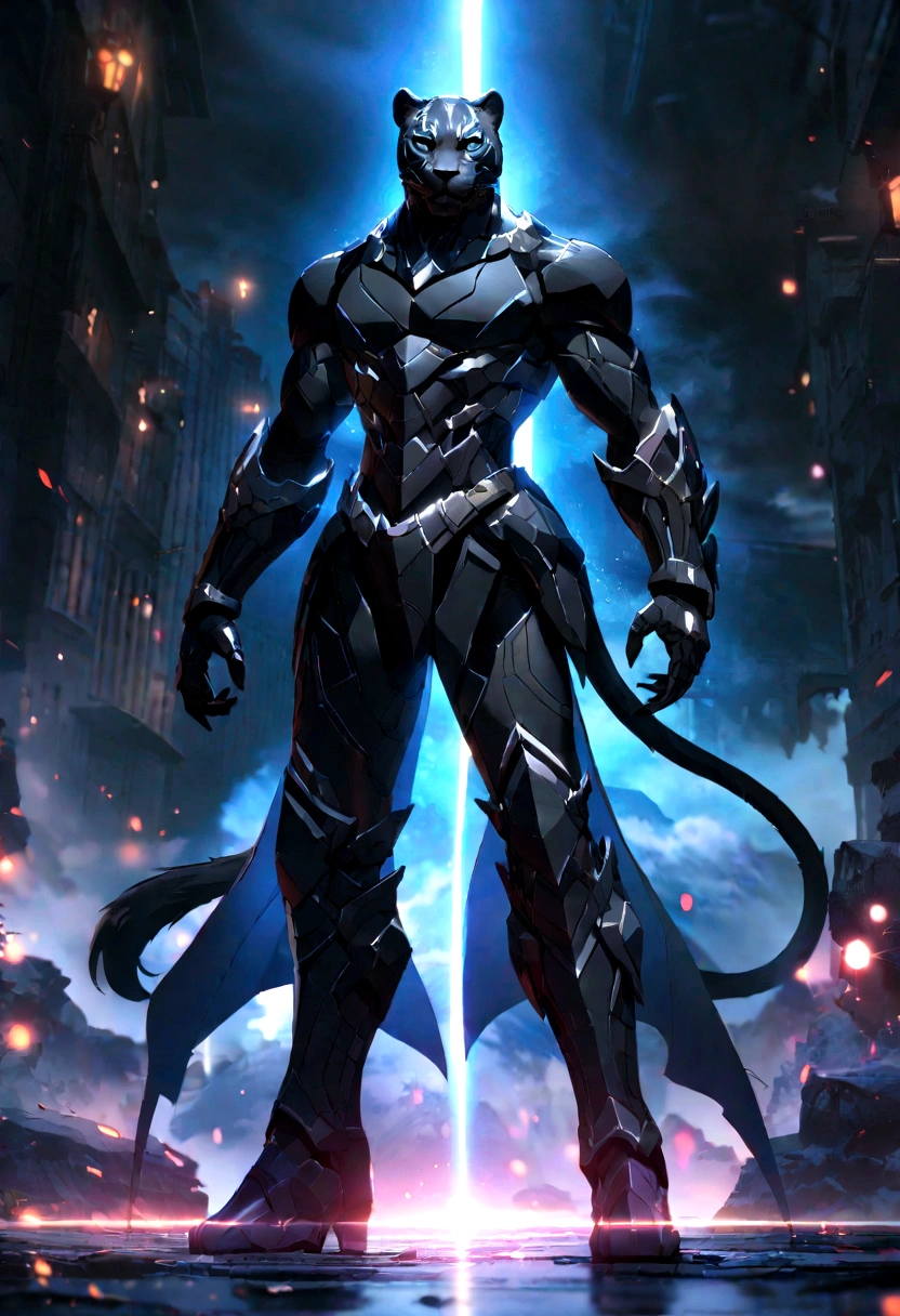 High quality、details、different、Fantasy World Black Panther,emits blue-violet light,glow effect,nighttime,Medium shot scene,whole body, 非常にdetailsなシュールなVFX,OC rendering,Shot at 70mm. - WITH