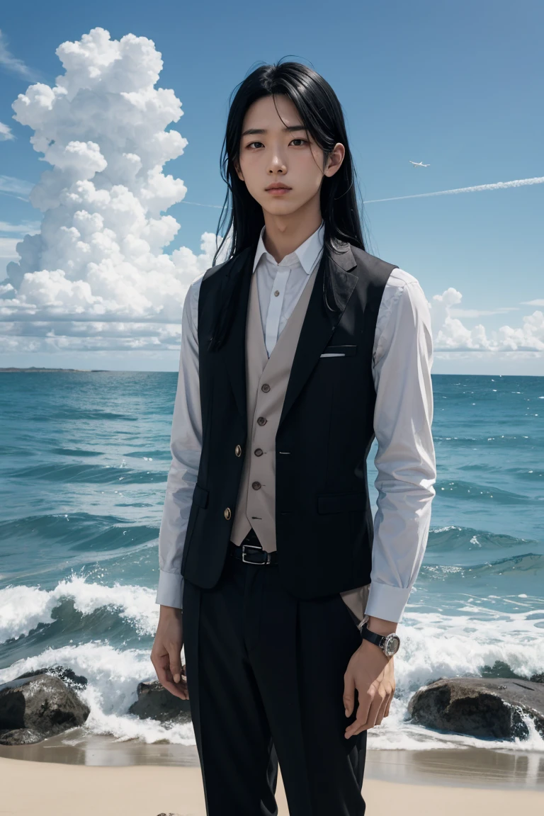 a young man with long Black Hair and a vest on standing in front of the ocean with a blue sky空, (1 Girl:0.955), (Bangs:0.575), (black eyes:0.572), (Black Hair:0.709), (blue sky空:0.985), (Shut up:0.536), (cloud:0.927), (sky:0.980), (horizon:0.816), (Japanese clothes:0.511), (Lips:0.7), (Long hair:0.775), (Looking at the audience:0.811), (nose:0.534), (ocean:0.950), (outdoor:0.734), (Practical:0.814), (sky空:0.988), (Solitary:0.937), (Upper Body:0.557), (water:0.600)