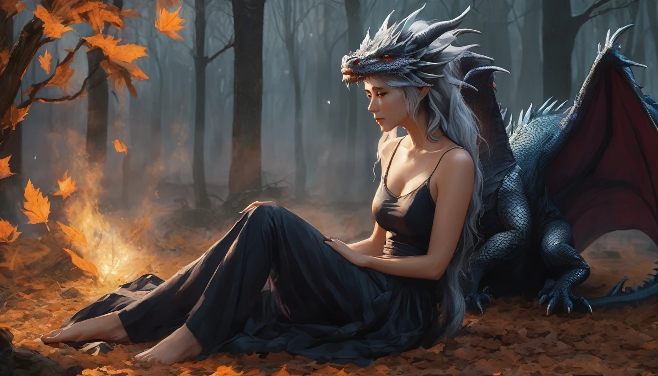 A woman with gray hair ,wearing ragged clothes ,there is a tattoo on his arm, he is sitting on a bed of dry leaves ,wear bandu from dry twigs ,accompanied by a big dragon ,The background is a forest illuminated by light ,realistic UHD 24