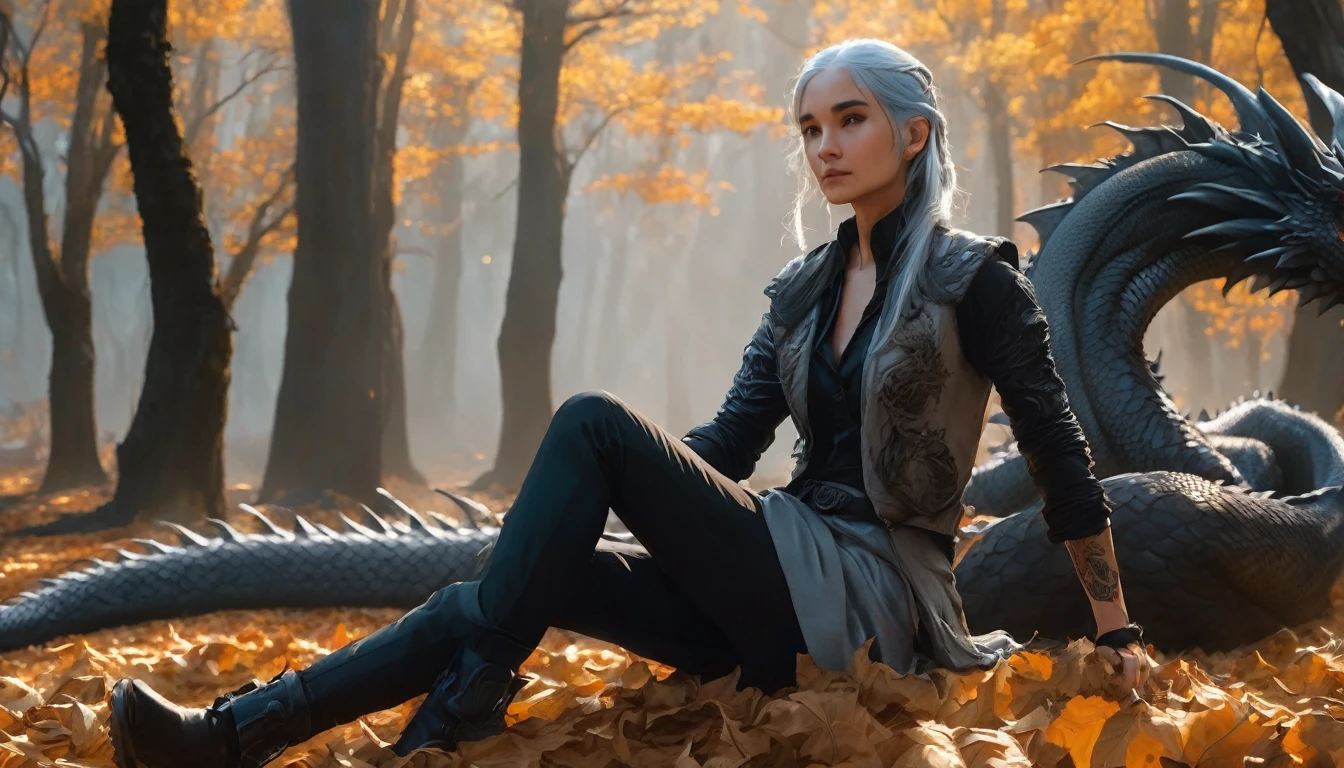 A woman with gray hair ,wearing ragged clothes ,there is a tattoo on his arm, he is sitting on a bed of dry leaves ,wear bandu from dry twigs ,accompanied by a big dragon ,The background is a forest illuminated by light ,realistic UHD 24