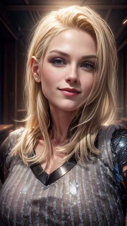 Detailed portrait of Android 18 from Dragon Ball, sysdeep_android18, 1girl, solo, breasts, looking_at_viewer, smile, short_hair, blue_eyes, blonde_hair, black_dress, indoor,cybernetic enhancements, intricate mechanical design, long blonde hair, elegant yet powerful posture, vibrant colors, highly detailed, photorealistic rendering, anime-style features, smooth lines, dynamic pose, futuristic background