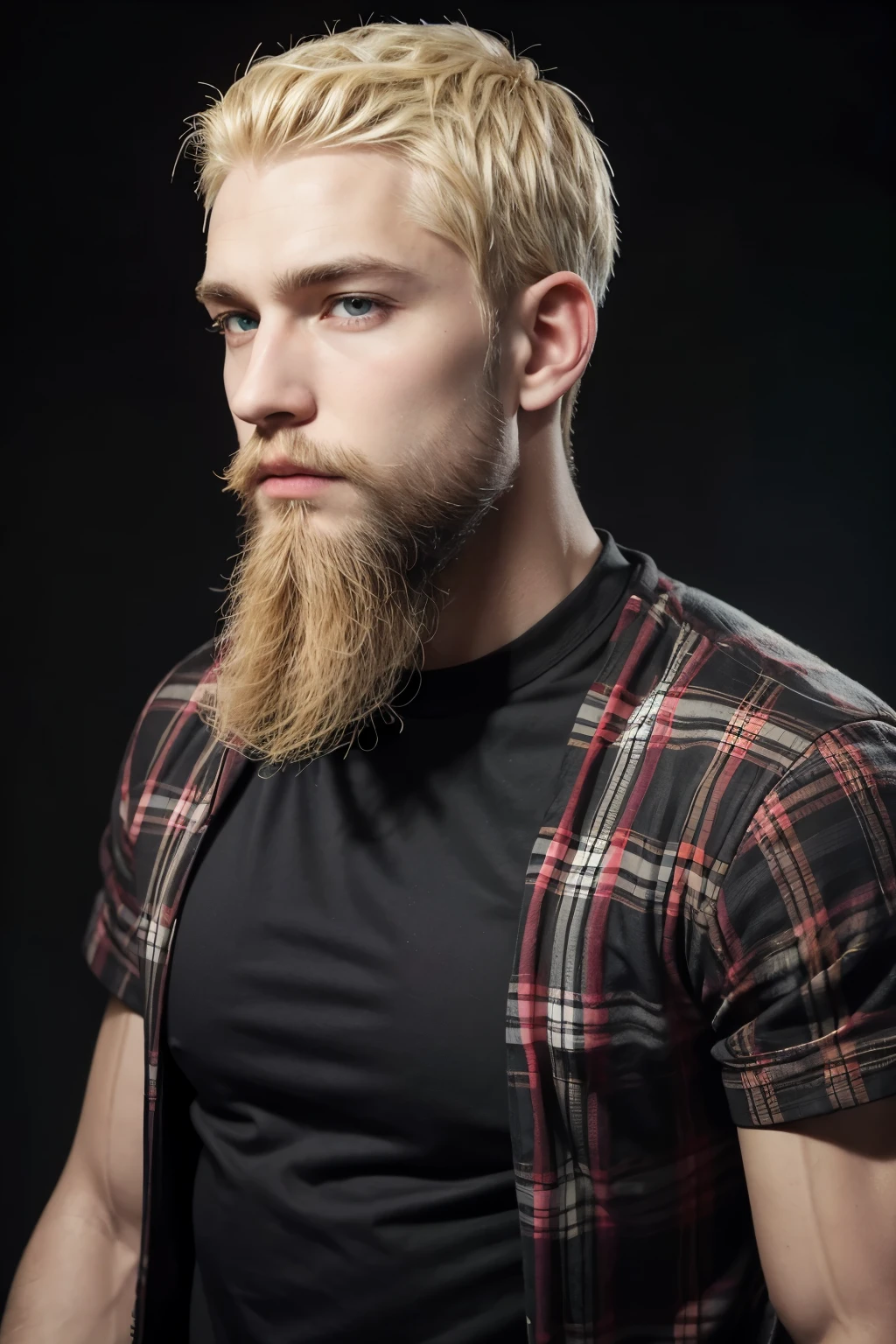 blonde man with shaved hair and lumberjack beard and black shirt