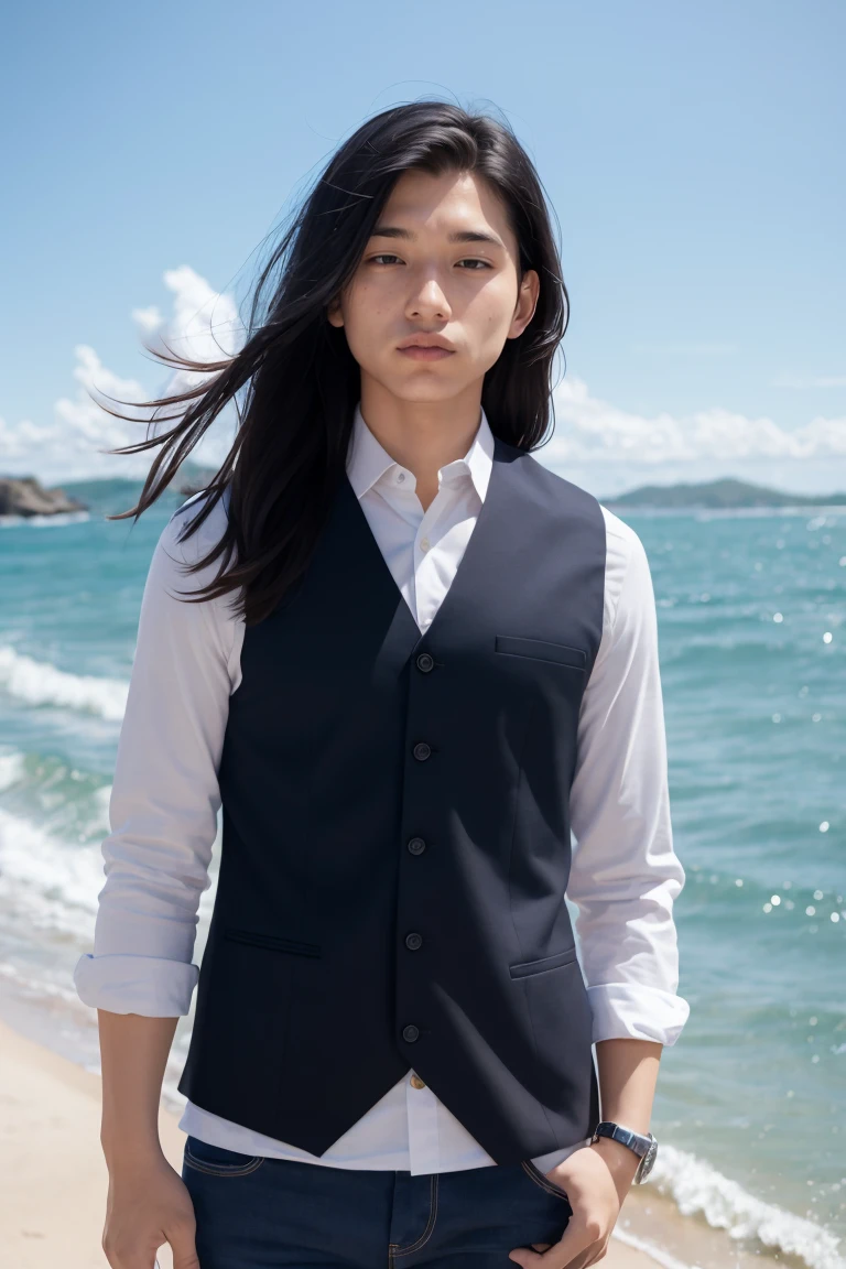 a young man with long Black Hair and a vest on standing in front of the ocean with a blue sky, (1 Girl:0.955), (Bangs:0.575), (black eyes:0.572), (Black Hair:0.709), (blue sky空:0.985), (Shut up:0.536), (cloud:0.927), (sky:0.980), (horizon:0.816), (Japanese clothes:0.511), (Lips:0.7), (Long hair:0.775), (Looking at the audience:0.811), (nose:0.534), (ocean:0.950), (outdoor:0.734), (Practical:0.814), (sky空:0.988), (Solitary:0.937), (Upper Body:0.557), (water:0.600)