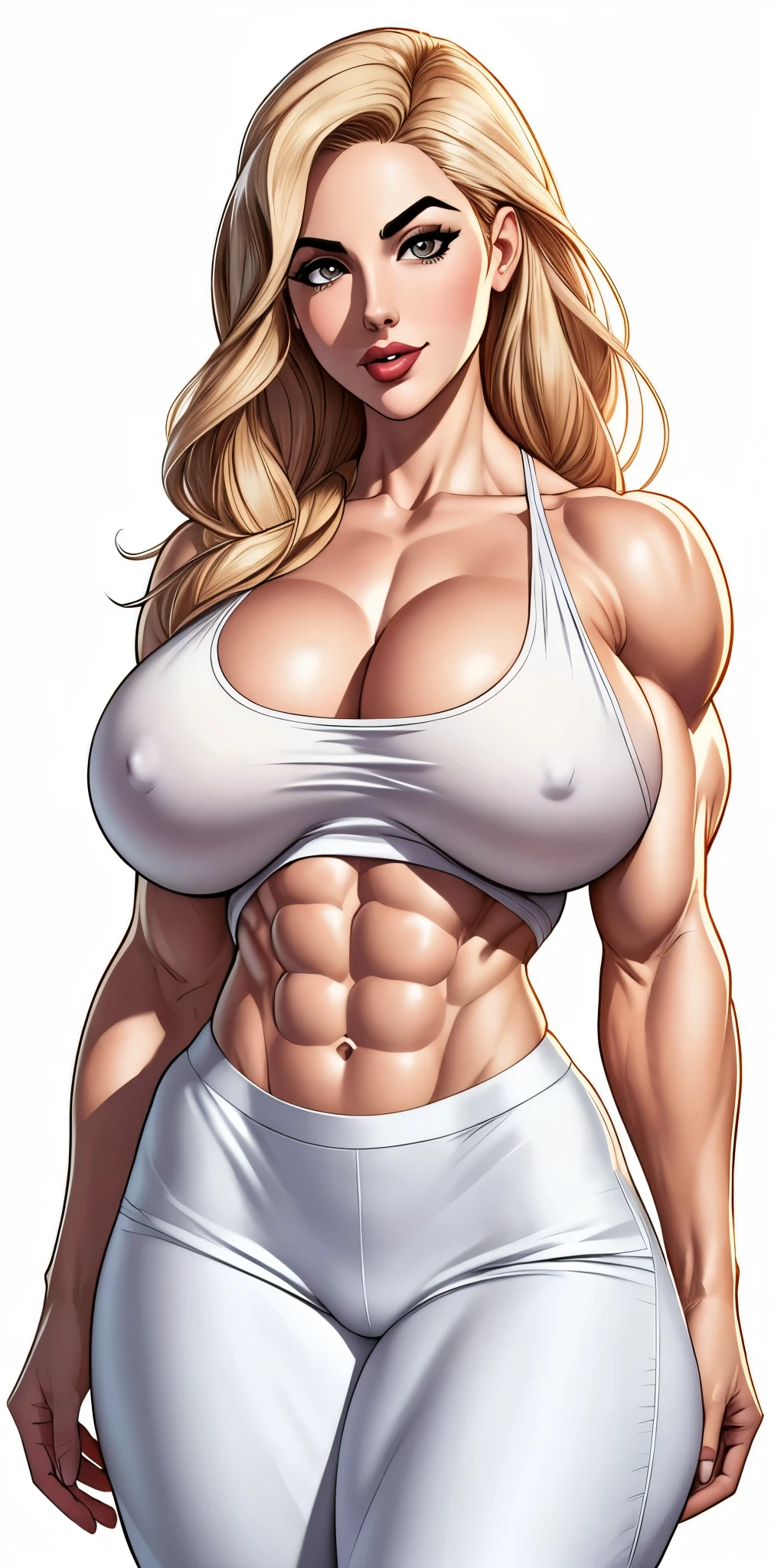 Masterpiece, highly detailed, high res, dynamic, A image of a woman (Elizabeth Gillies) in a white top and white pants, ((((Massive breasts)))), (muscular), ((((huge muscles)))) fanart da coelhinha lola, commission for high resolution, CO Commission, Gwen Stacy, corpo perfeitamente sombreado, Emma Geada, Retrato de Emma Frost, Deusa loira, desenhado no estilo de artgerm, em roupas brancas, corpo perfeito sombreado realista, Betty Cooper, It&#39;s not artgerm style, ((((Massive breasts)))), (muscular), ((((huge muscles))))