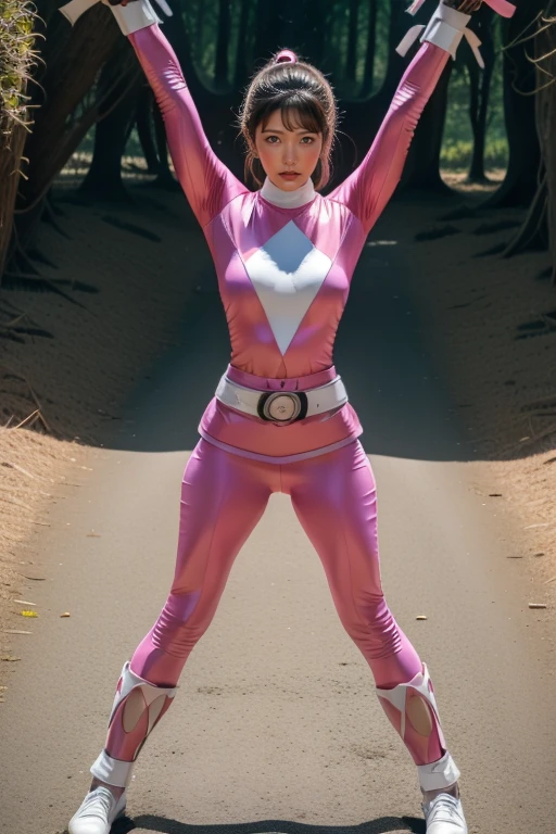 pink theme，pink ranger suit、curvy, big breats,  full body, tied on Saint Andrew's cross in X position