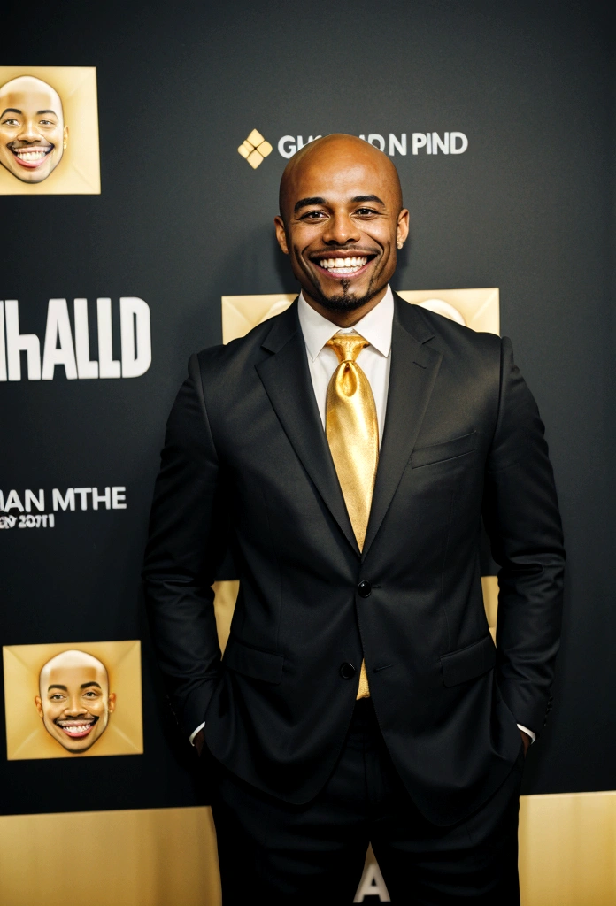 bald black man hip hop executive in suit and tie in large conference room with posters. ((he is smiling with a gold teeth:1.3)) 