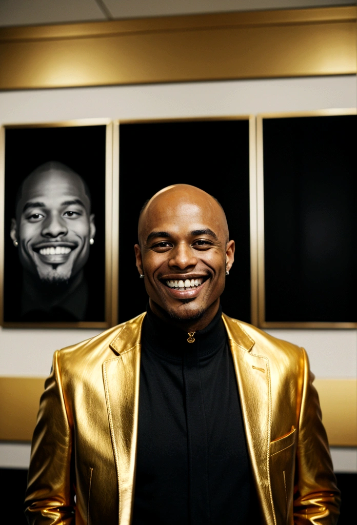 bald black man hip hop executive in suit and tie in large conference room with posters. ((he is smiling with a gold teeth:1.3))