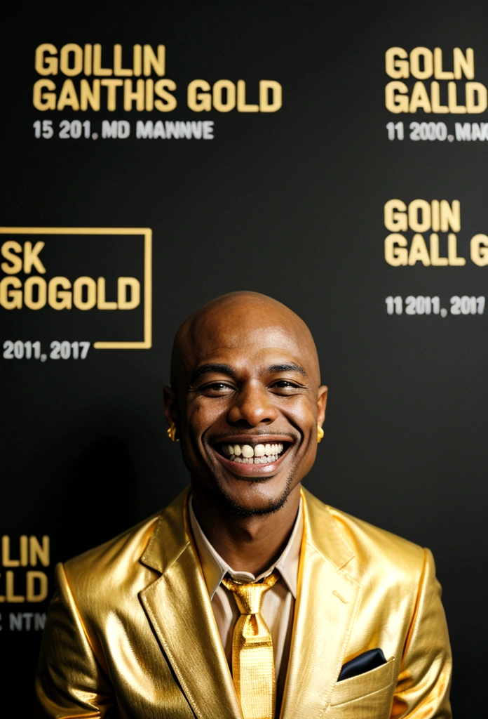 bald black man hip hop executive in suit and tie in large conference room with posters. ((he is smiling with a gold teeth:1.3)) 