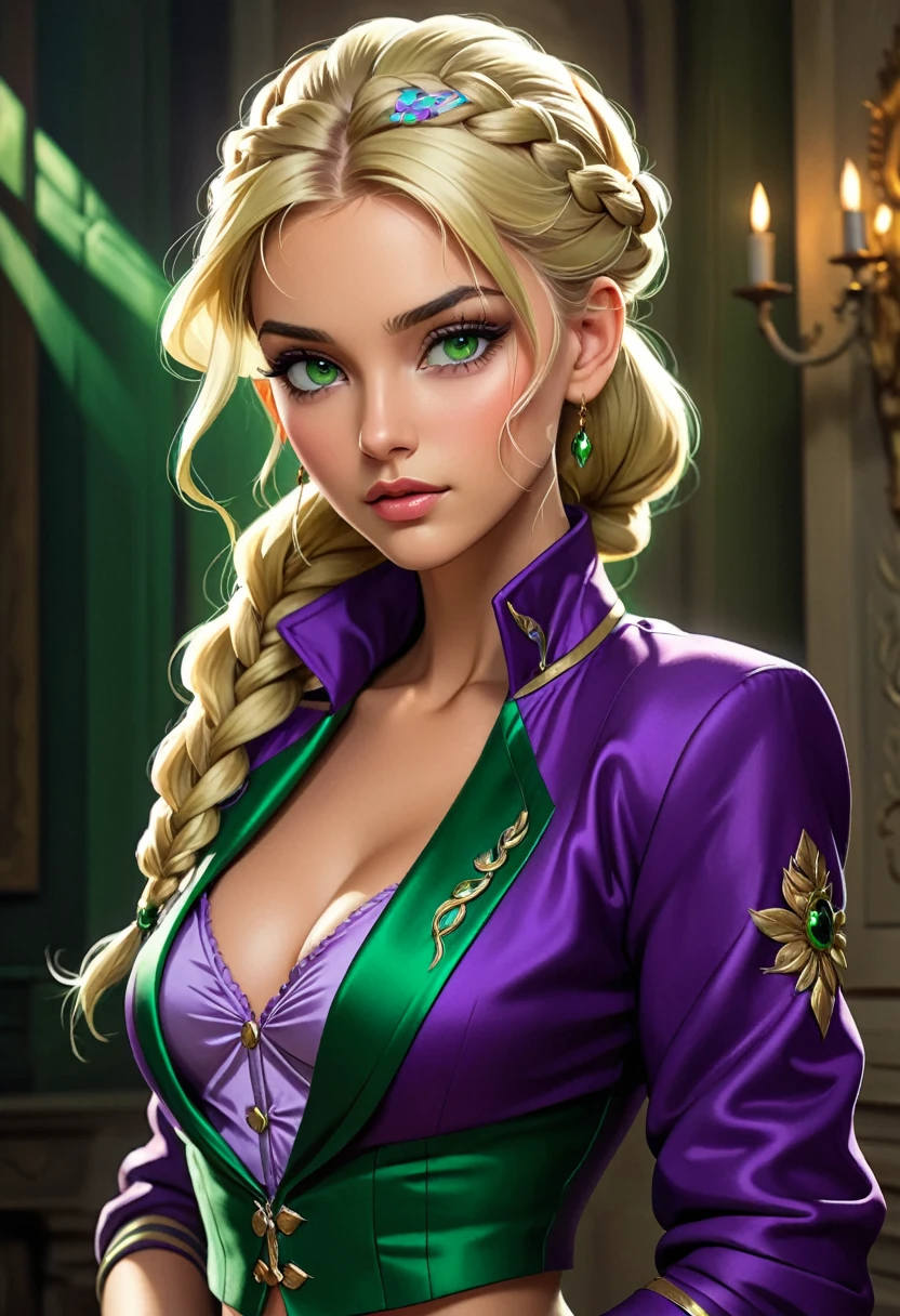 masterpiece, highest quality, delicate and elegant woman, gorgeous lighting,blonde hair,high braided hair, (bolero), (purple jacket),fantasy clothing,beautiful eyes,olive skin, (dark green eyes),(grey theme), sultry look, upper body