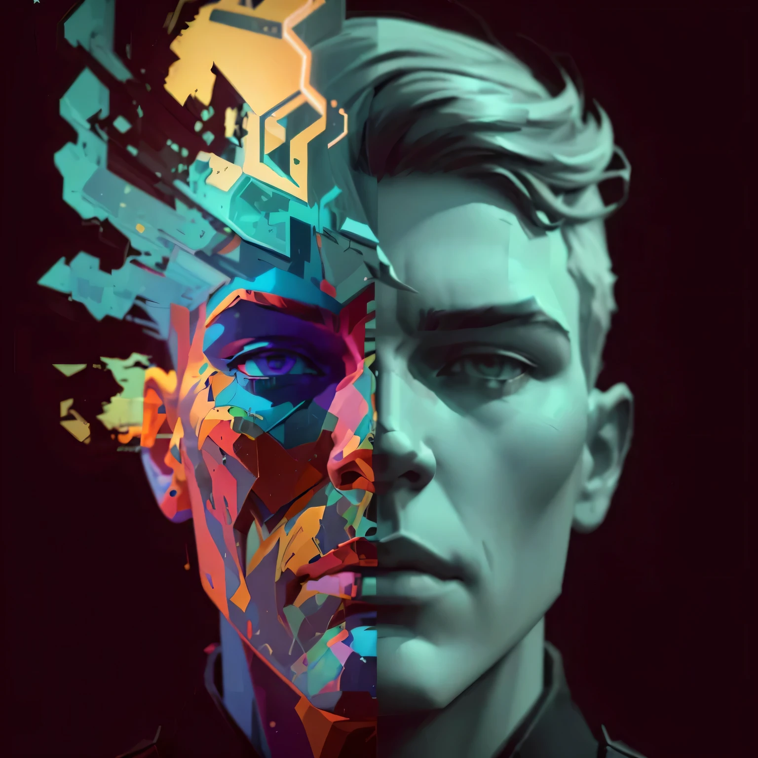 a statue with a colorful face and a black shirt, digital arts, artistic 4k, male art, amazing digital art, liam brazier and nielly, inspired by Adrian Zingg, digital art, digital art, beeple. hyperrealism, surrealism 8k, inspiring digital art, surreal portrait, digital art. artstation, wallpaper 4k