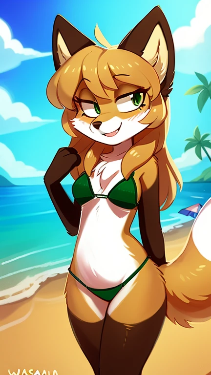 Kinky smiling, uploaded the e621, beautiful and detailed, woman (((female))) ((anthro)) Fox, (Averi, Fox girl), by waspsalad, by phluks, by zero-sum, cinematic lighting, Fox, (anthro, fluffy fur, character focus:1.1), 1girl, anthro fox girl, body fur, curvy, sexy, nice, cute, hot, comfortable anime-style cartoon-style, digital drawing, (half-closed eyes), green eyes, green bikini (striped bikini), beach